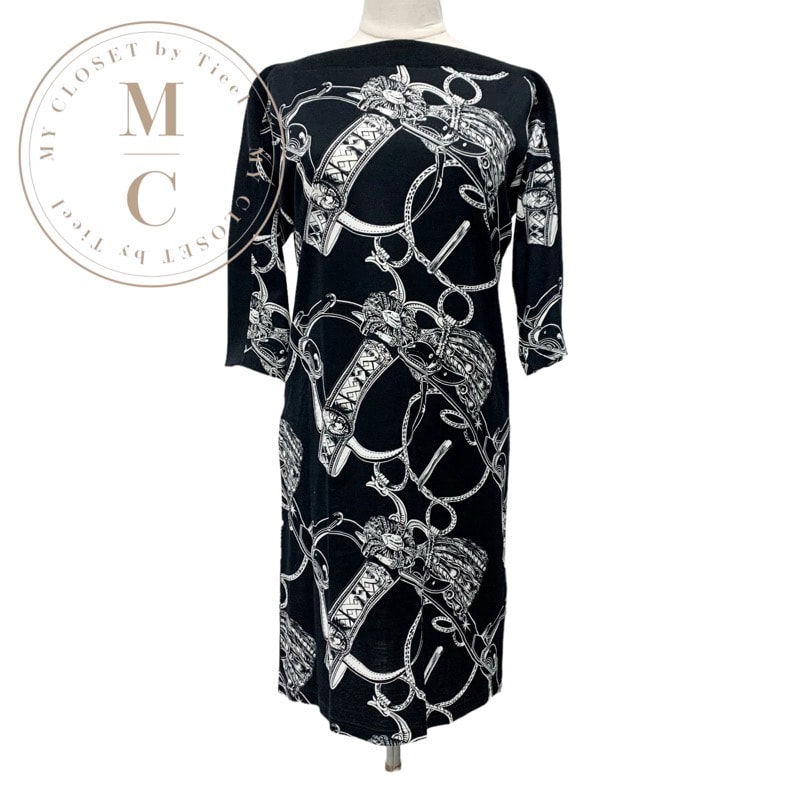 エルメス HERMES ワンピース コットン ブラック ホワイト 20AW プリント 七分袖