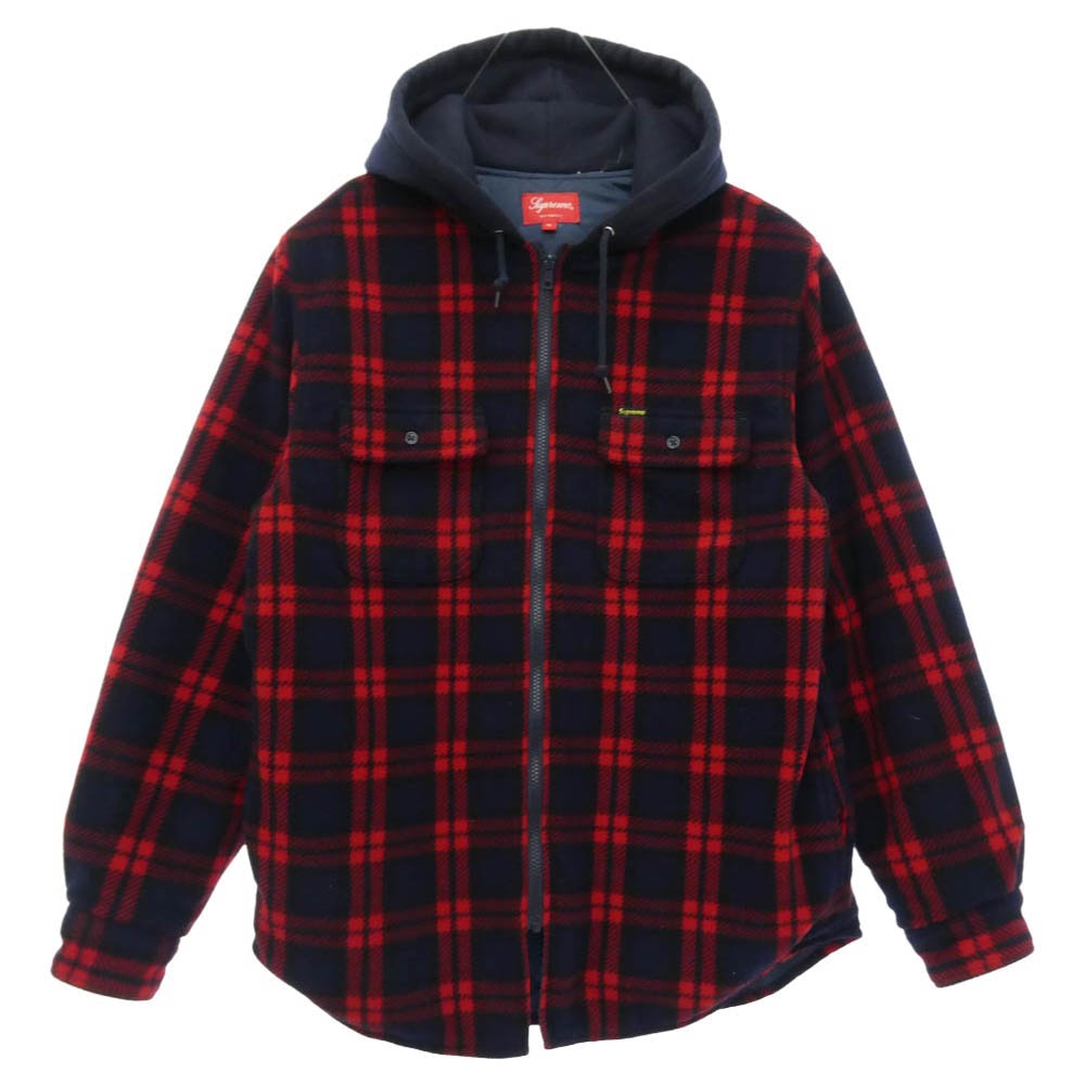Supreme シュプリーム 18AW Hooded Plaid Work Shirt フーデッド プレイド ワーク シャツ フリース キルティング チェック フード ジップ ジャケット レッド系 ネイビー系 M【中古】