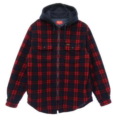 Supreme シュプリーム 18AW Hooded Plaid Work Shirt フーデッド プレイド ワーク シャツ フリース キルティング チェック フード ジップ ジャケット レッド系 ネイビー系 M【中古】