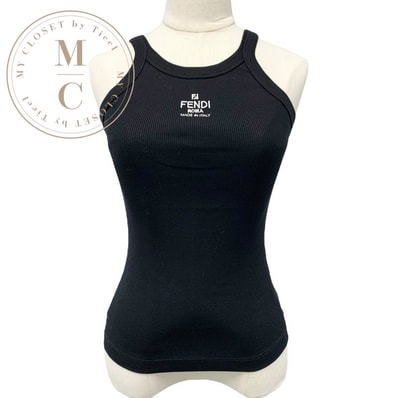 フェンディ FENDI トップス コットン ブラック ホワイト ロゴ タンクトップ