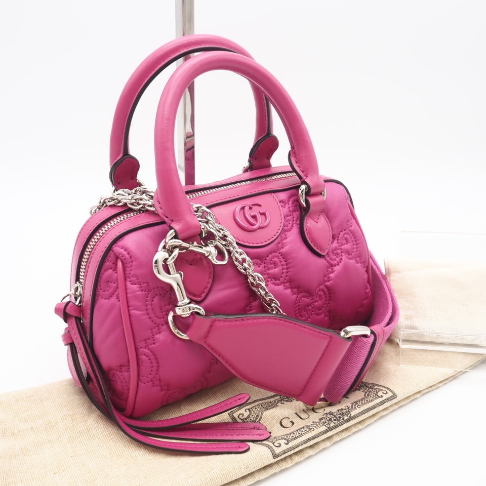 極美品 GUCCI グッチ GGマトラッセ ナイロン ミニボストン 702251 2wayハンドバッグ ピンク ナイロン レディース