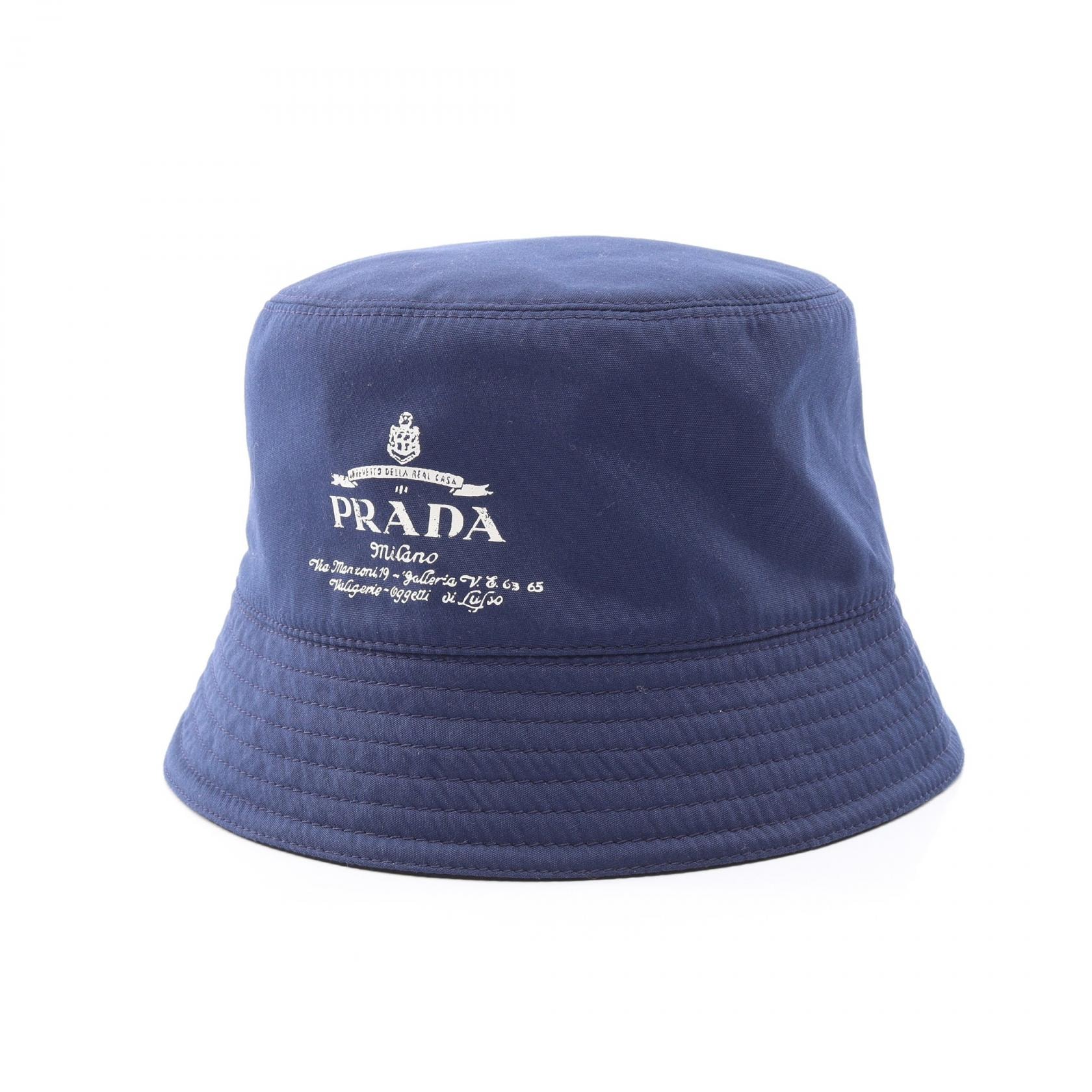 プラダ PRADA ロゴプリント バケット ハット 帽子 コットン ポリエステル メンズ レディース ネイビー系 2024 2HC137 【中古】