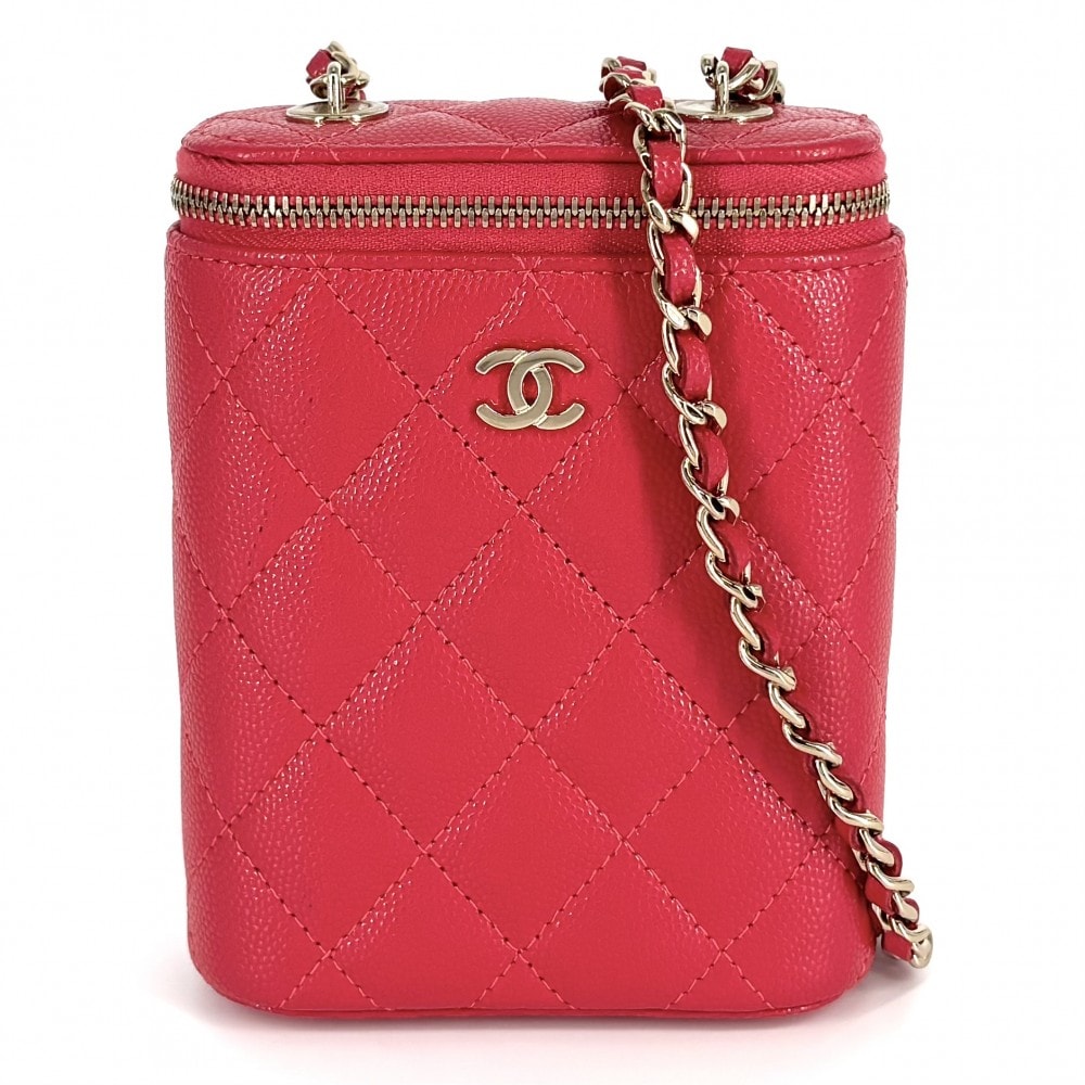 CHANEL シャネル ショルダーバッグ 肩掛け 斜め掛け マトラッセ バニティポーチ チェーンショルダー ミニポシェット ココマーク キャビアスキン レッド系 ゴールド金具 レディース 美品【中古品】