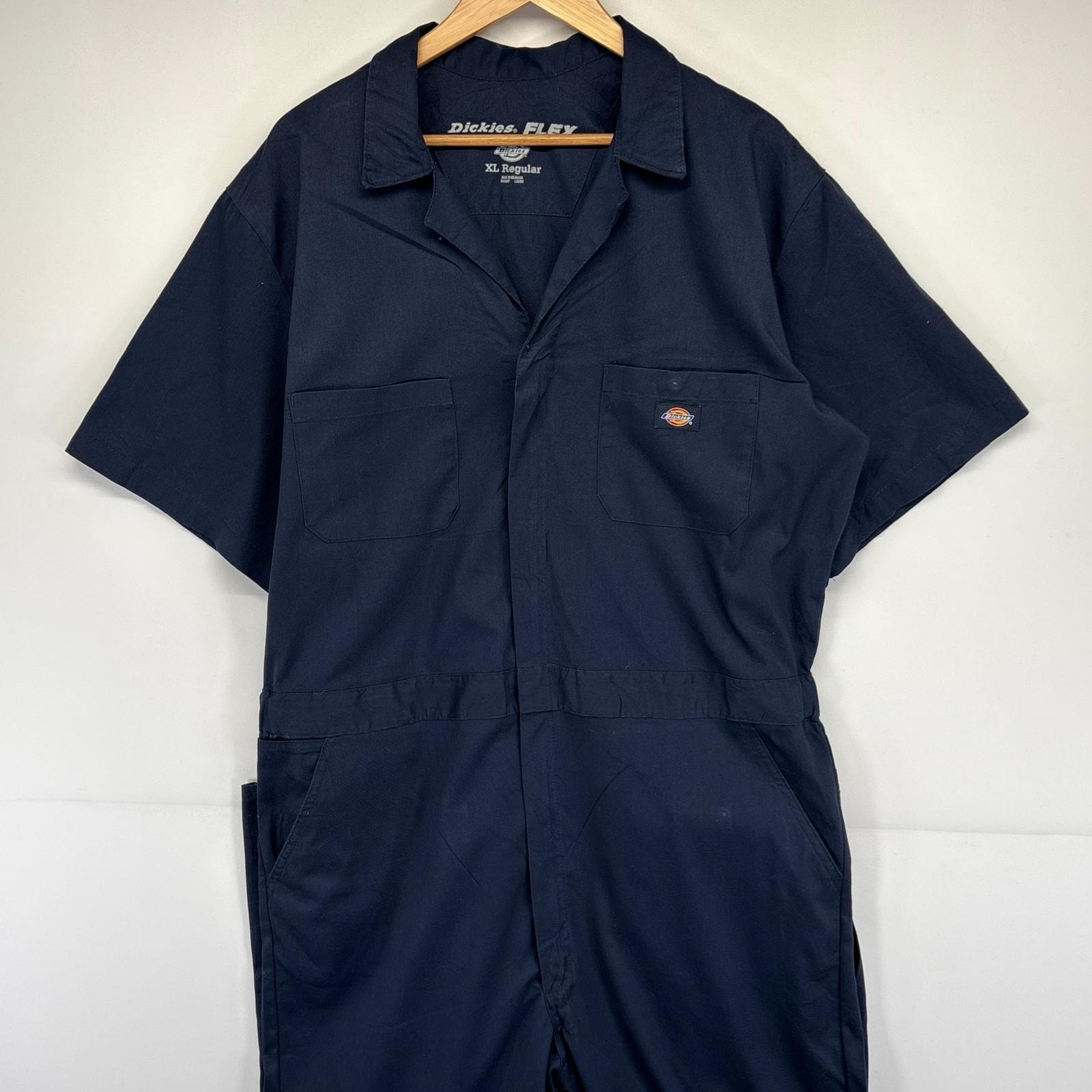 古着 ディッキーズ Dickies 半袖つなぎ オールインワン ジャンプスーツ ワンポイントロゴ ワーク 作業着 XL ネイビー メンズ