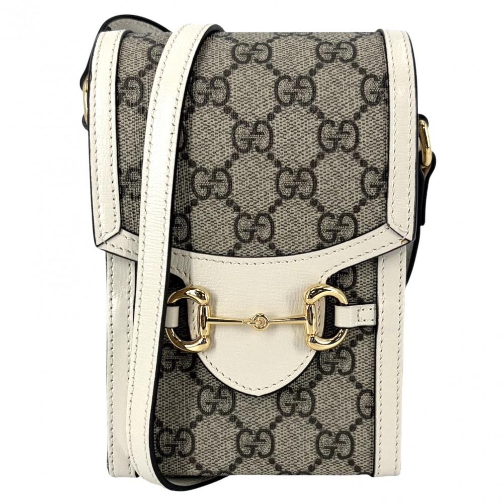 GUCCI グッチ ショルダーバッグ ホースビット1955 ミニバッグ ポシェット 肩掛け 斜め掛け 625615 GGスプリームキャンバス  レザー   ホワイト 白 ベージュ ゴールド金具 レディース 美品【中古品】