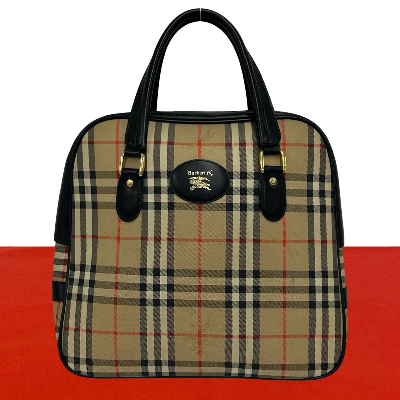 BURBERRY バーバリー ノバチェック 柄 シャドーホース ロゴ キャンバス レザー ハンドバッグ ブラック
54503
