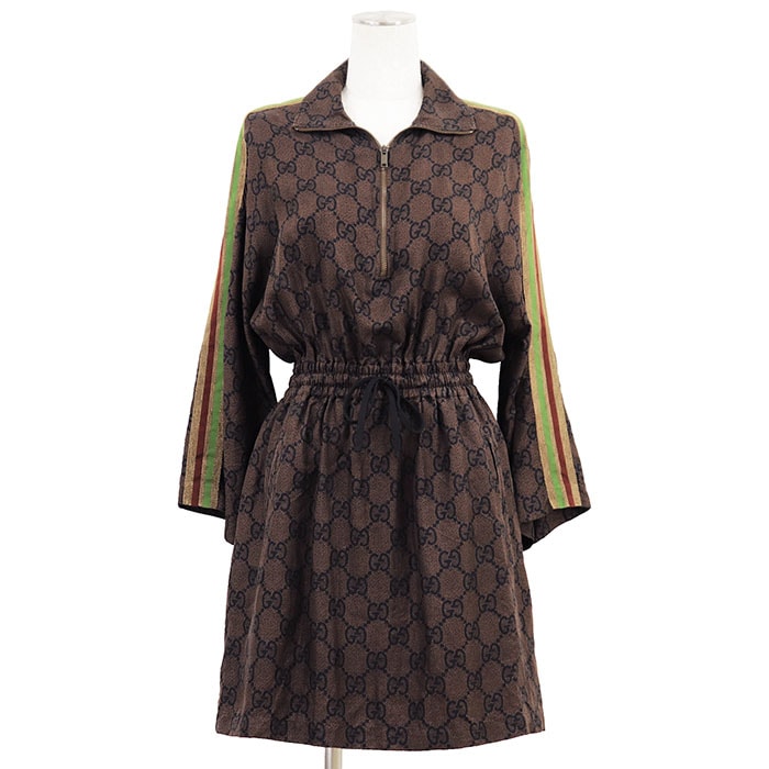 【美品】GUCCI グッチ ワンピース ハーフジップ サイズ S レディース GGスプリーム シェリーライン ウエストドローコード ドレス ブラウン 茶色 イタリア製