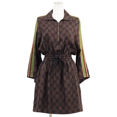 【美品】GUCCI グッチ ワンピース ハーフジップ サイズ S レディース GGスプリーム シェリーライン ウエストドローコード ドレス ブラウン 茶色 イタリア製