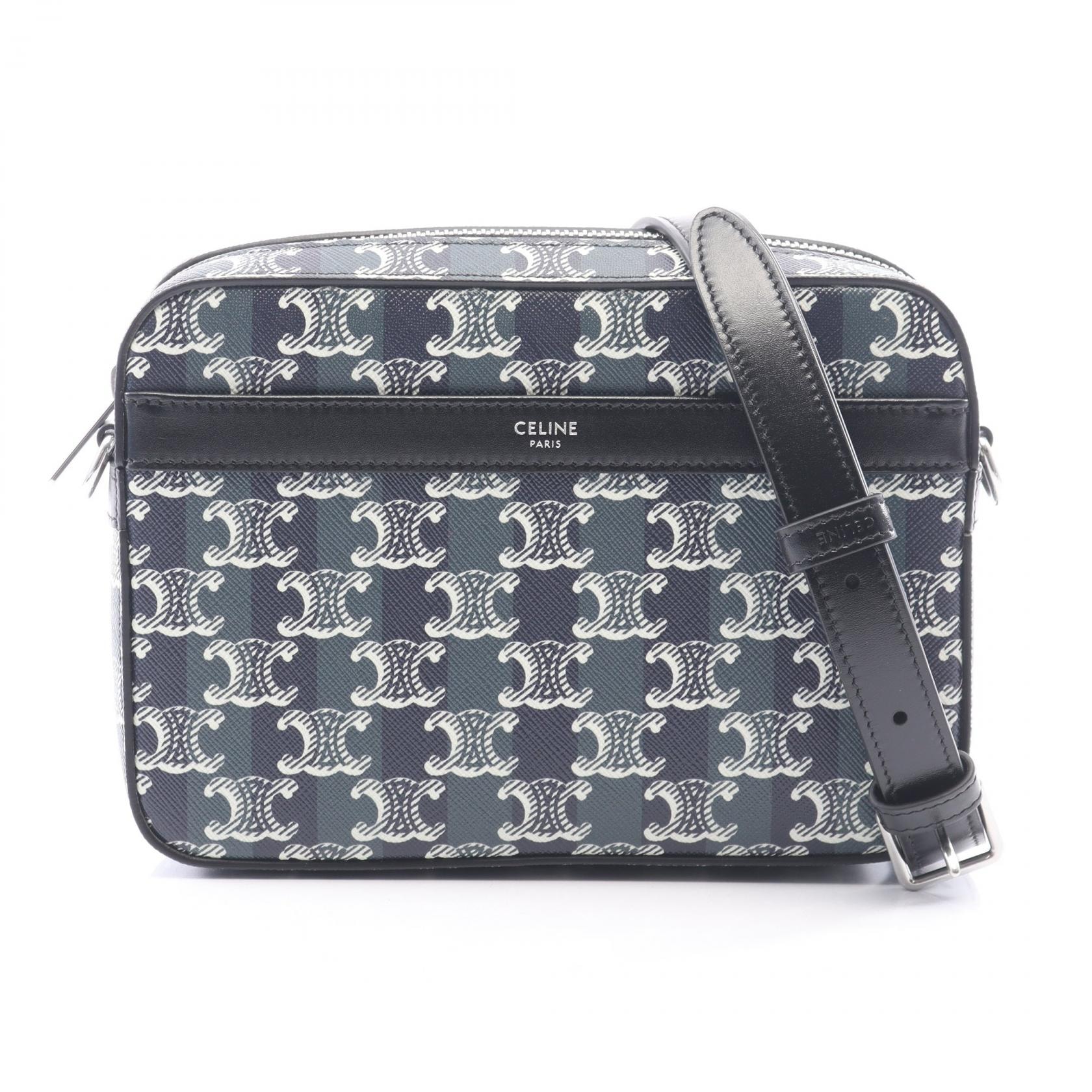 セリーヌ CELINE トリオンフ スモールメッセンジャー ストライプ ショルダーバッグ バッグ PVCコーティングキャンバス レザー メンズ レディース グリーン系 / ブラック系 / ホワイト系 113942GUL07TH 【新品】