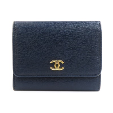 シャネル CHANEL 三つ折り財布 レザー ネイビー レディース【中古】 r10949g