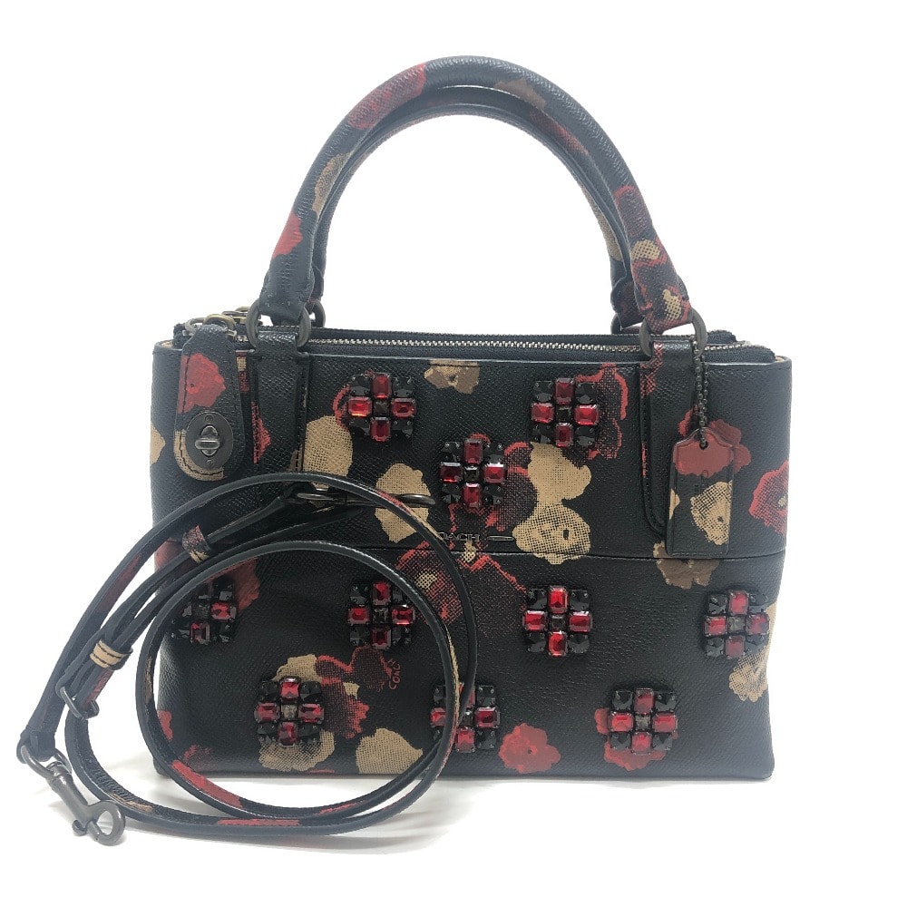 コーチ COACH 花柄 ビジュー ターンロック ボローバッグ 2WAY ショルダーバッグ 斜め掛け カバン ハンドバッグ PVC ブラック