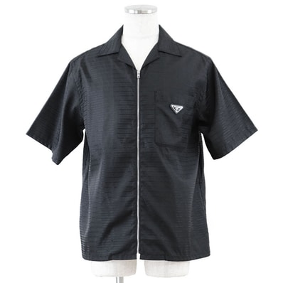 美品 プラダ リナイロン 半袖 ショートスリーブトライアングル 三角 プレート オープンカラー 半袖シャツ メンズ ブラック M PRADA
