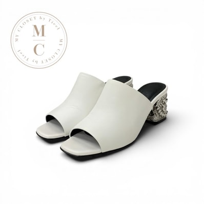 エルメス HERMES グロッシー60 サンダル 靴 シューズ レザー メタル ホワイト シルバー シェーヌダンクル メタルヒール ミュール