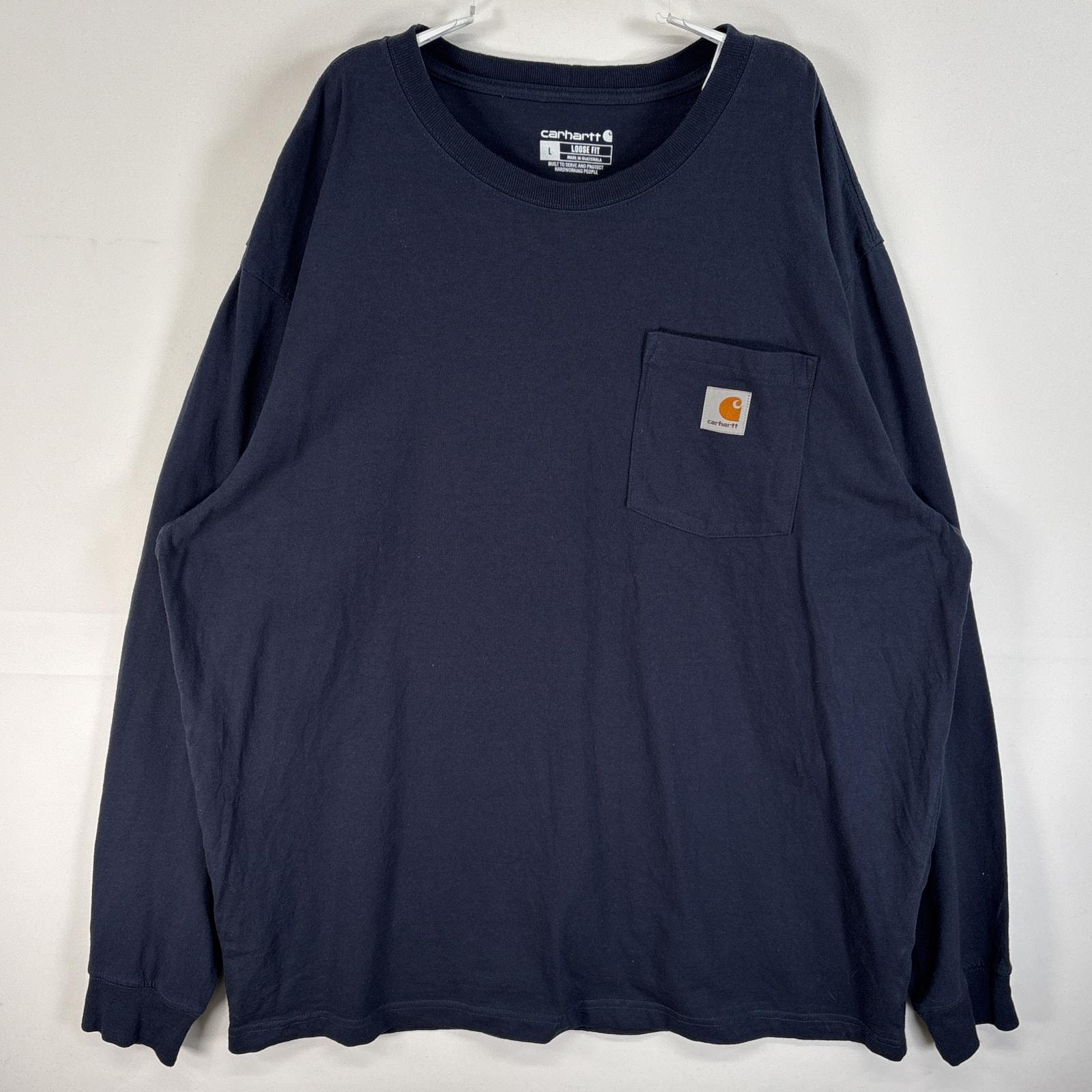 古着 カーハート Carhartt 長袖Tシャツ ワンポイント ロゴ クルーネック 胸ポケ L  ネイビー 無地 メンズ