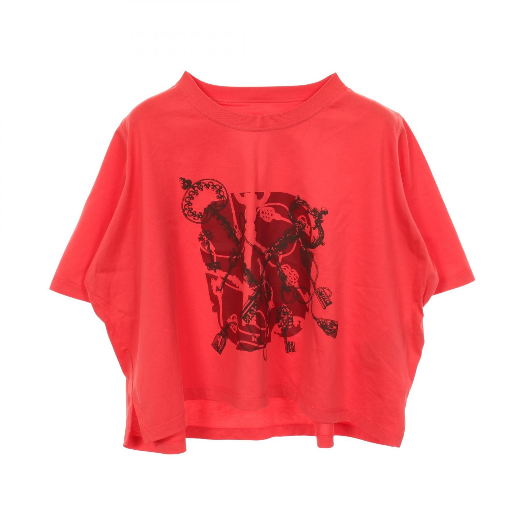 エルメス HERMES Cartouche Leclere クロップド 半袖Tシャツ 衣料品 トップス コットン ボルドー レディース レッド系 / ボルドー系 5E4624DA 【中古】