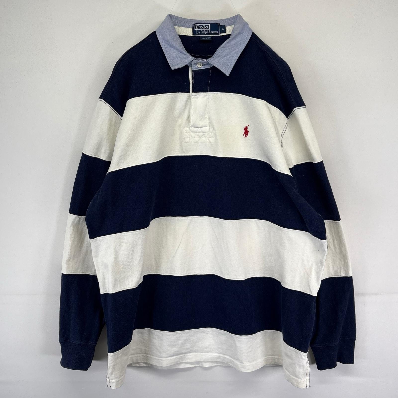 古着 ポロバイラルフローレン Polo by Ralph Lauren 長袖シャツ ワンポイント ラガーシャツ L  ネイビー系 ボーダー メンズ