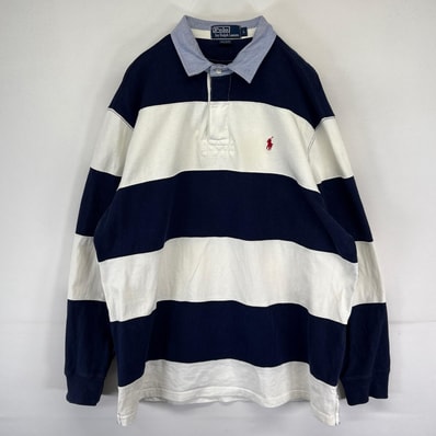 古着 ポロバイラルフローレン Polo by Ralph Lauren 長袖シャツ ワンポイント ラガーシャツ L ネイビー系 ボーダー メンズ