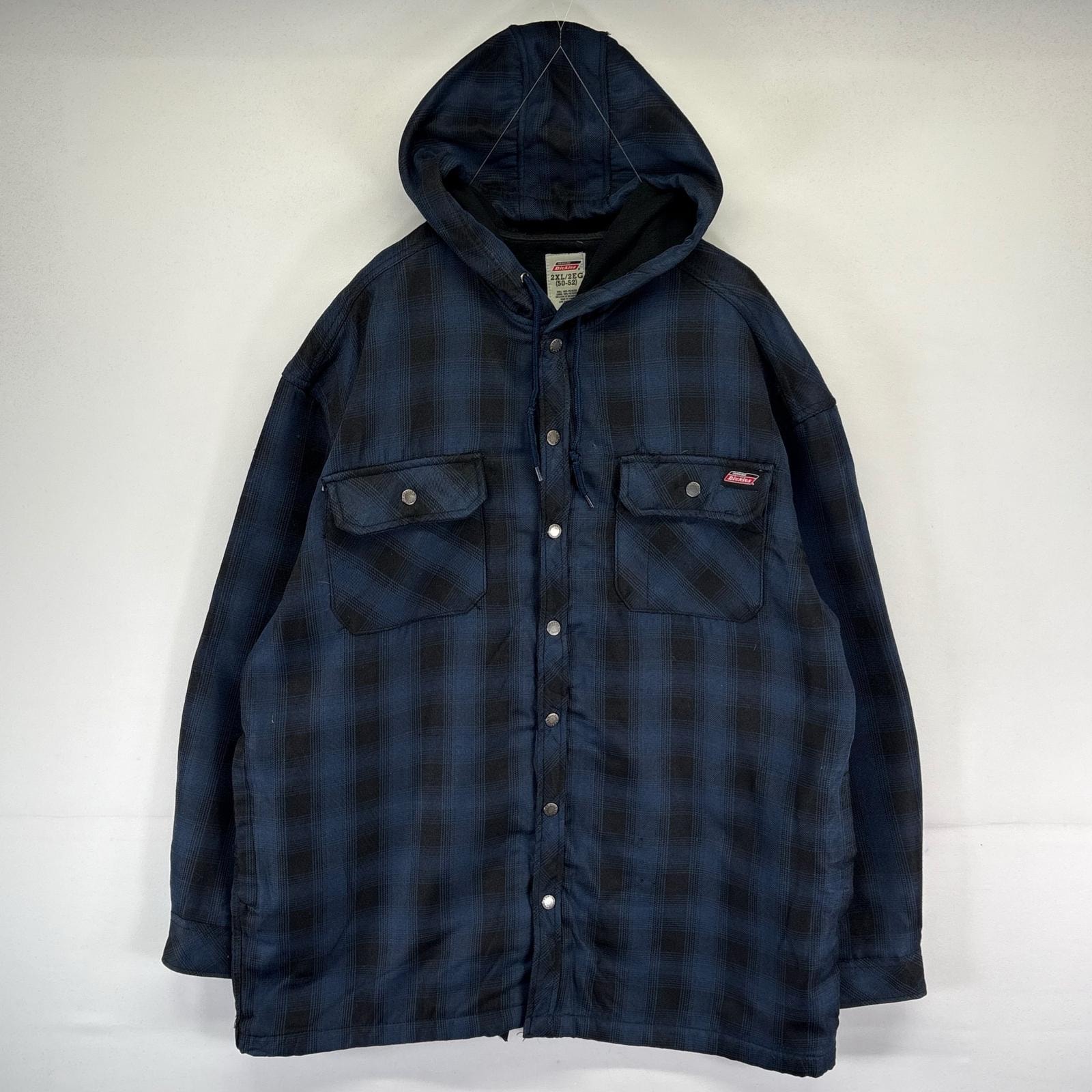 古着 ディッキーズ Dickies ジャケット シャツジャケット フード 大きいサイズ 2XL ブルー系 チェック メンズ