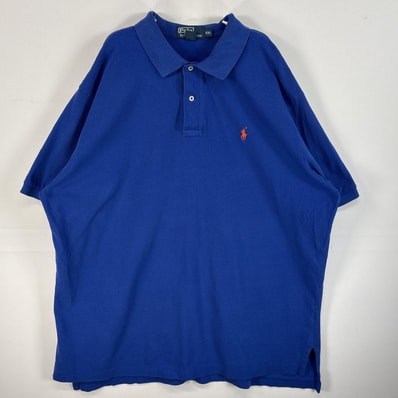 古着 90's/90年代 ポロバイラルフローレン Polo by Ralph Lauren 鹿の子 半袖 ポロシャツ ロゴ 刺繍 2ボタン 大きいサイズ 14041 ブルー 無地 メンズ