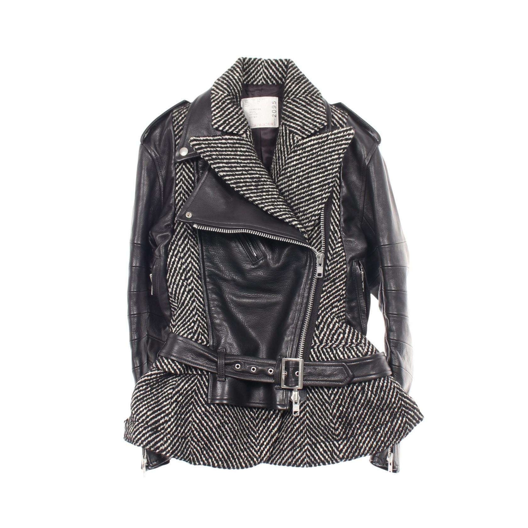 サカイ Sacai ヘリンボーン 切替 ライダースジャケット 衣料品 アウター レザー ウール レディース ブラック系 / ホワイト系 【中古】