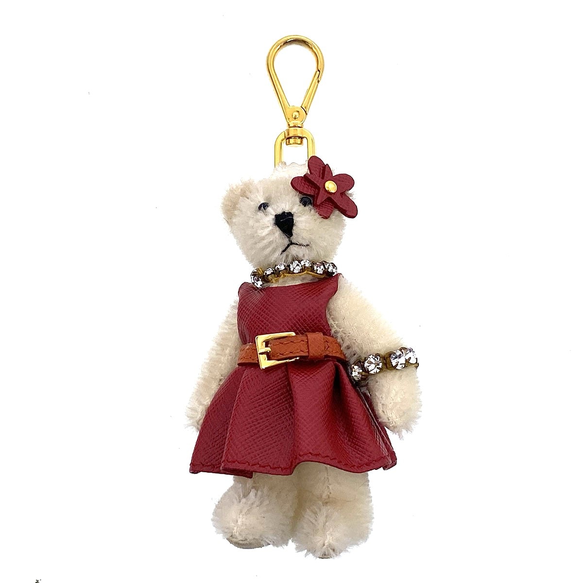 PRADA プラダ ベア テディベア くま サフィアーノ スカート ラインストーン チャーム ベア トリック キーホルダー レザー ラインストーン ベージュ レッド レディース【中古】