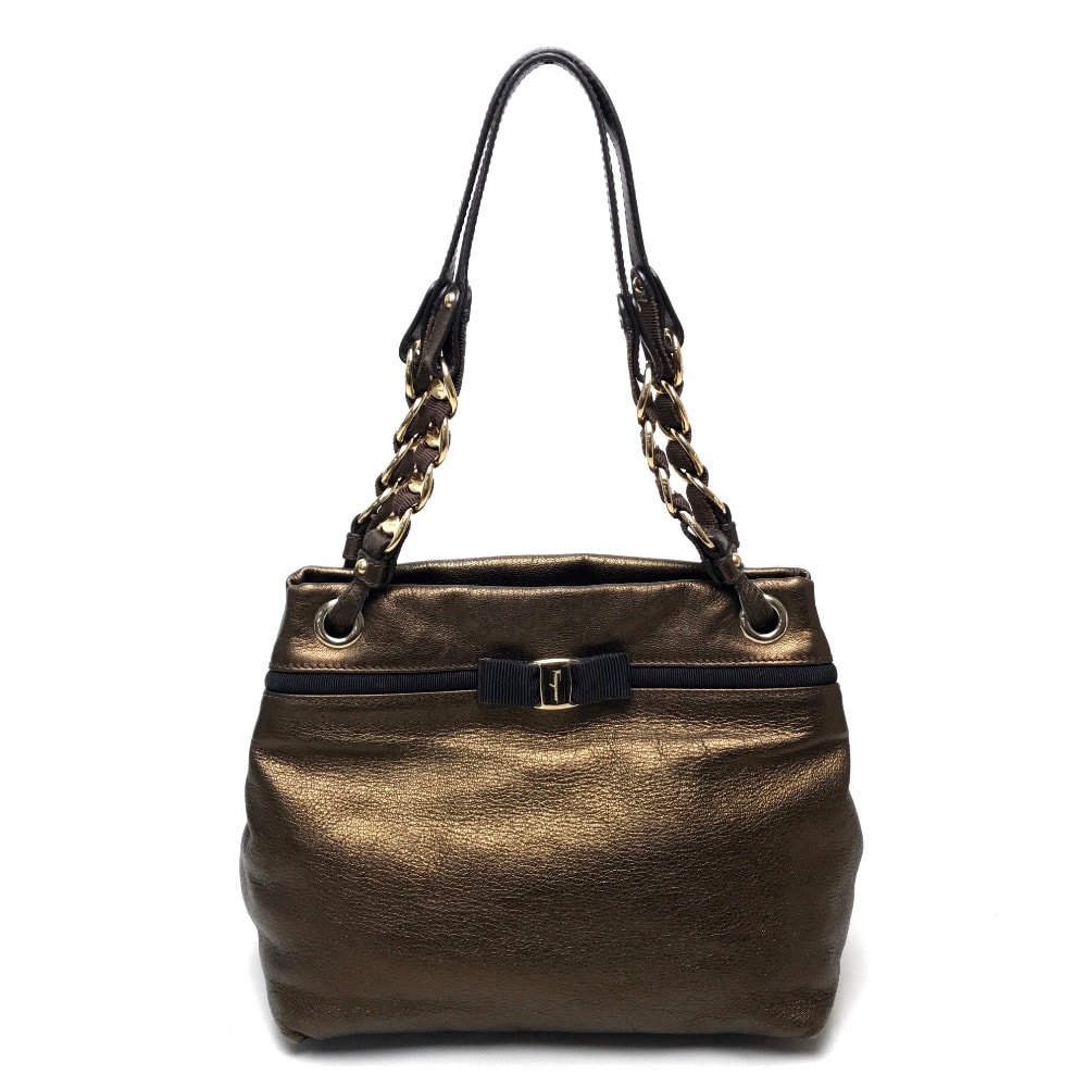 サルヴァトーレフェラガモ Salvatore Ferragamo ハンドバッグ ヴァラ リボン    カバン チェーンショルダーバッグ  トートバッグ レザー ブロンズ