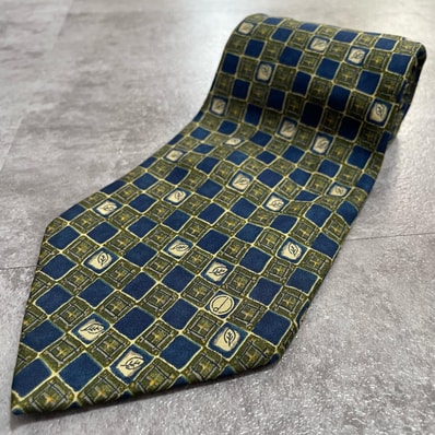 【dunhill】ダンヒル 小紋スクエア柄 シルクネクタイ シルク100% メンズ イタリア製 ブルー 青色 グリーン 緑色 幾何学模様 格子柄 総柄 クラシック ドレス ビジネス フォーマル ヴィンテージ