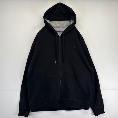 古着 チャンピオン Champion パーカー ワンポイントロゴ フルジップ 大きいサイズ 刺繍 スウェット XL ブラック メンズ