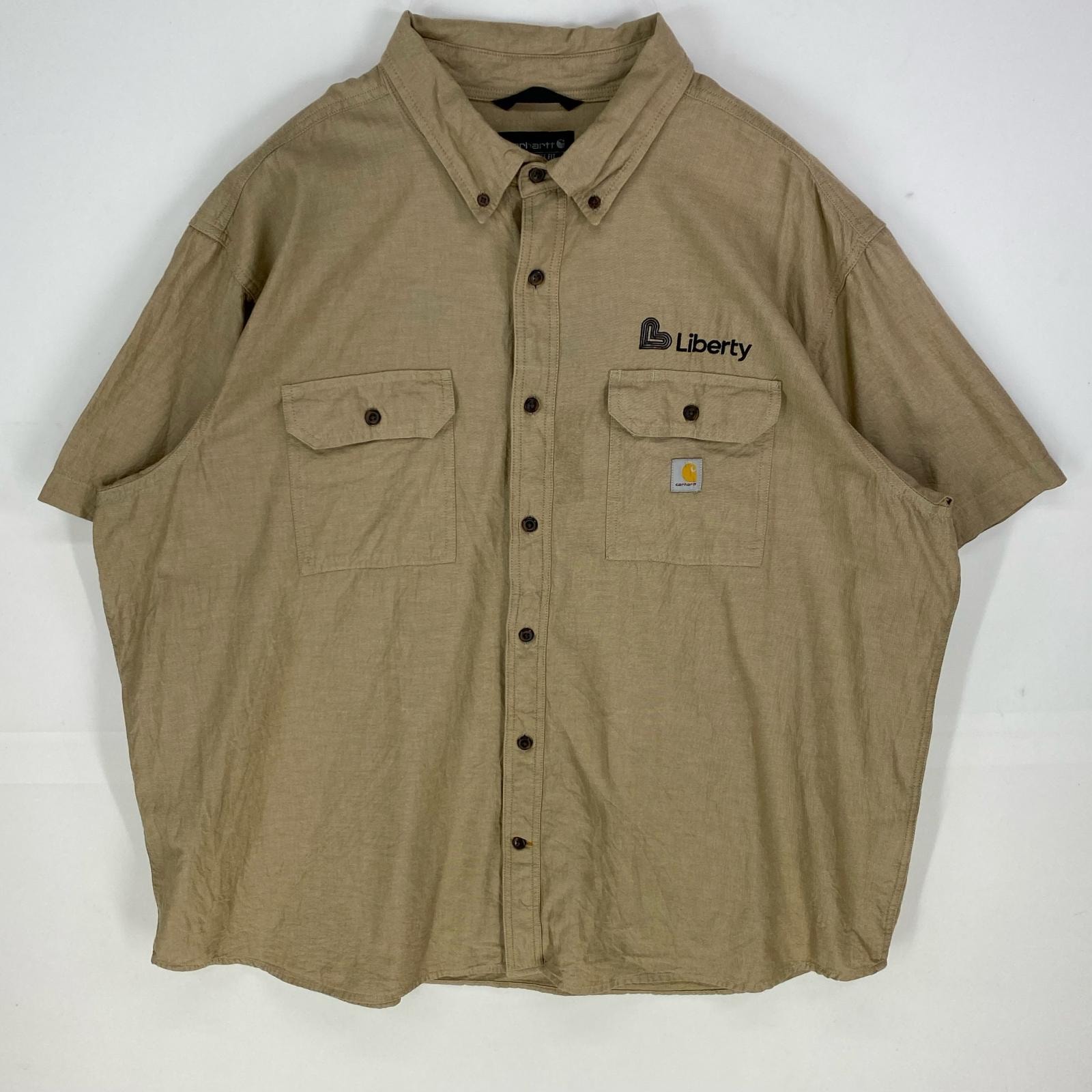 古着 カーハート Carhartt 半袖シャツ ボタンダウン ワンポイント 大きいサイズ ショートスリーブ 3XL ベージュ系 メンズ