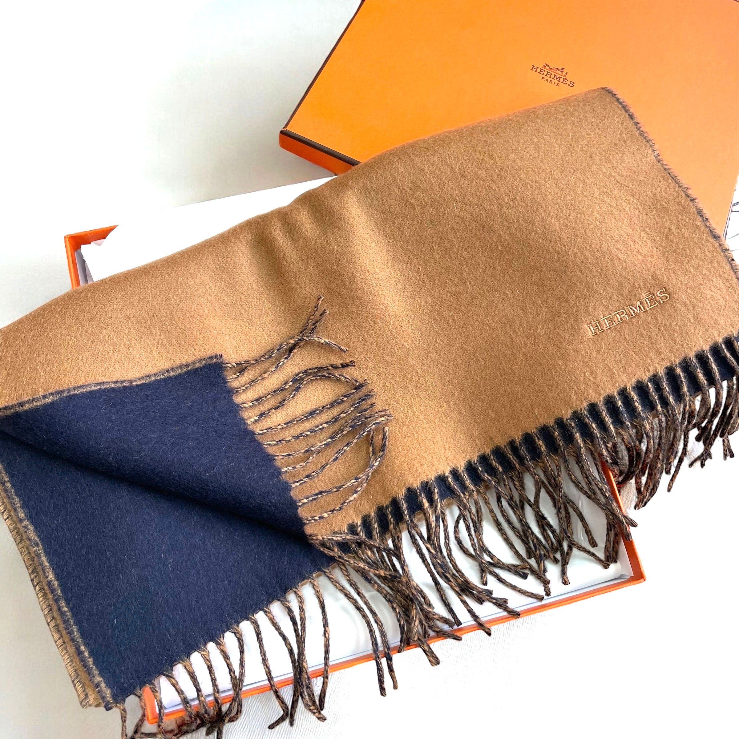 新品 HERMES エルメス カシミヤ マフラー レクトヴェルソ キャメル