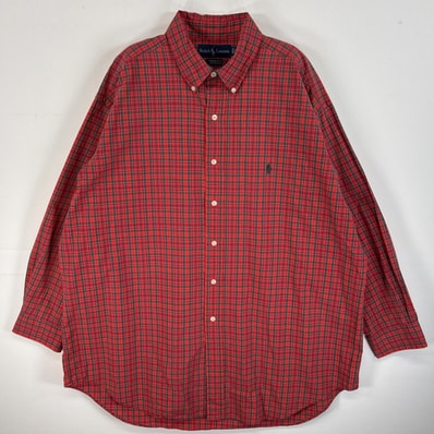 古着 90's/90年代 ラルフローレン RALPH LAUREN 長袖シャツ ロゴ 刺繍 大きいサイズ ボタンダウンシャツ 17 1/2 XL-2XL レッド系 チェック メンズ