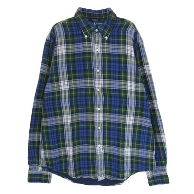 RALPH LAUREN ラルフローレン 長袖シャツ 90s POLO ポロ ダブルガーゼ ボタンダウン チェック 長袖シャツ ブルー系 M【中古】