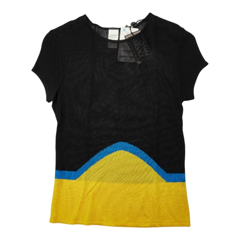 ヴェルサーチェ メッシュ ニット トップ 半袖 サイズ42 ブラック イエロー ブルー レーヨン レディース VERSACE 【中古】