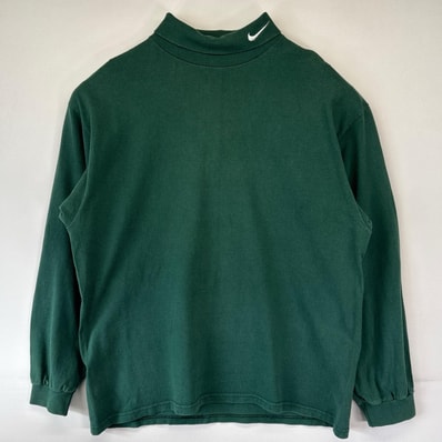 古着 90's/90年代 ナイキ NIKE USA製 長袖Tシャツ タートルネック スウォッシュ ワンポイントロゴ刺繍 L グリーン メンズ