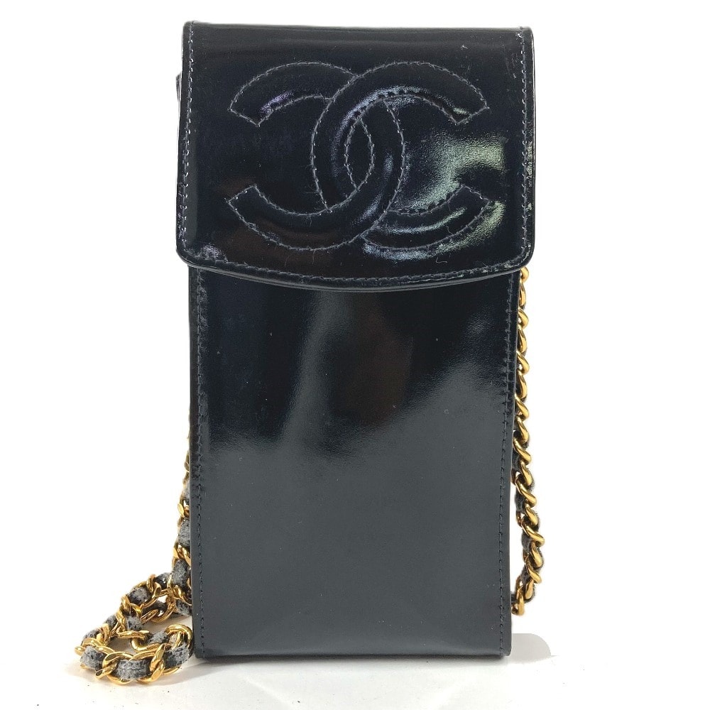 シャネル CHANEL CC ココマーク ロゴ 携帯ポーチ ヴィンテージ カバン チェーンバッグ 斜め掛け ポシェット ショルダーバッグ エナメル ブラック