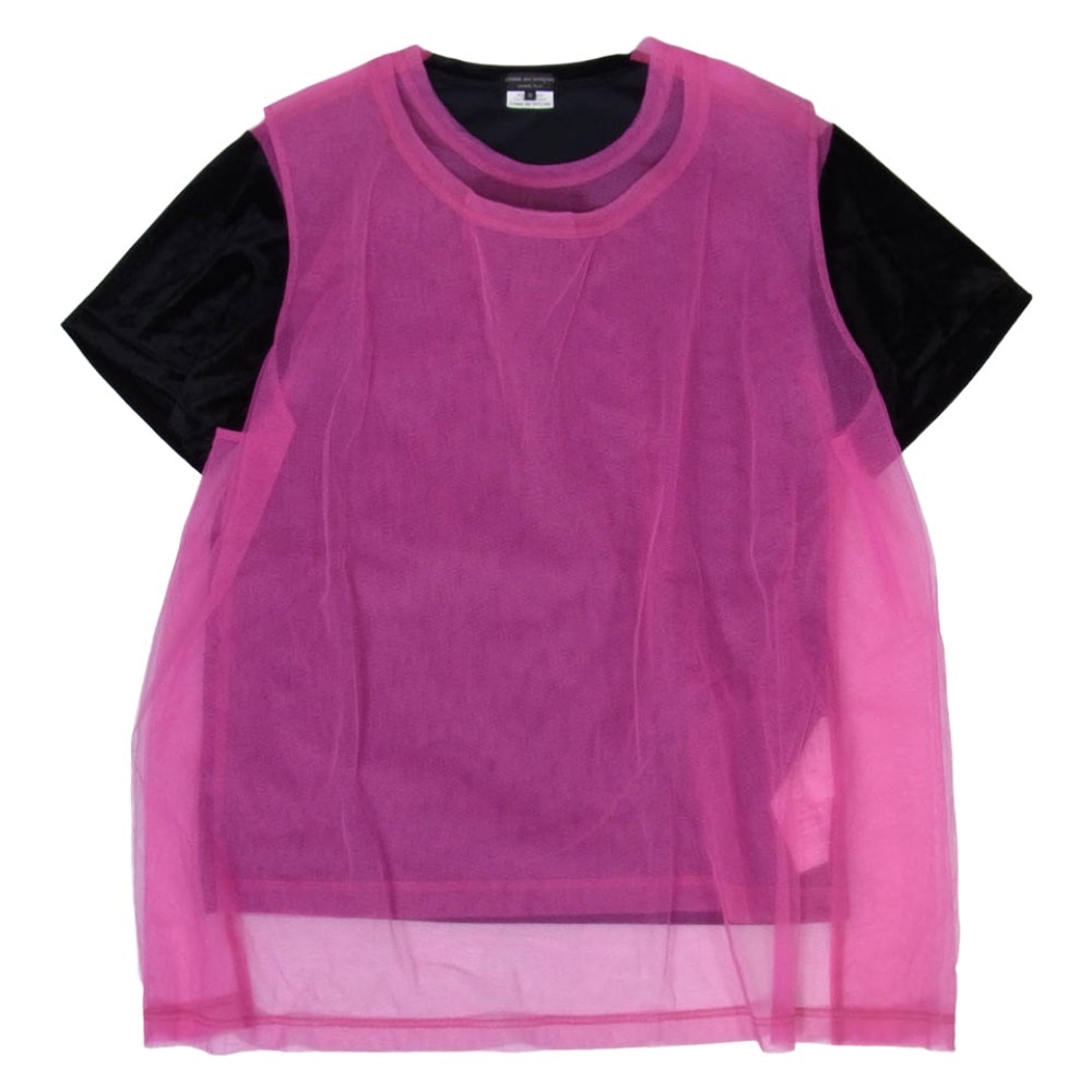 COMME des GARCONS HOMME PLUS コムデギャルソンオムプリュス Tシャツ 25SS PO-T028 へロア メッシュ 切替 チュール レイヤード 半袖 Tシャツ カットソー ブラック系 ピンク系 M【中古】