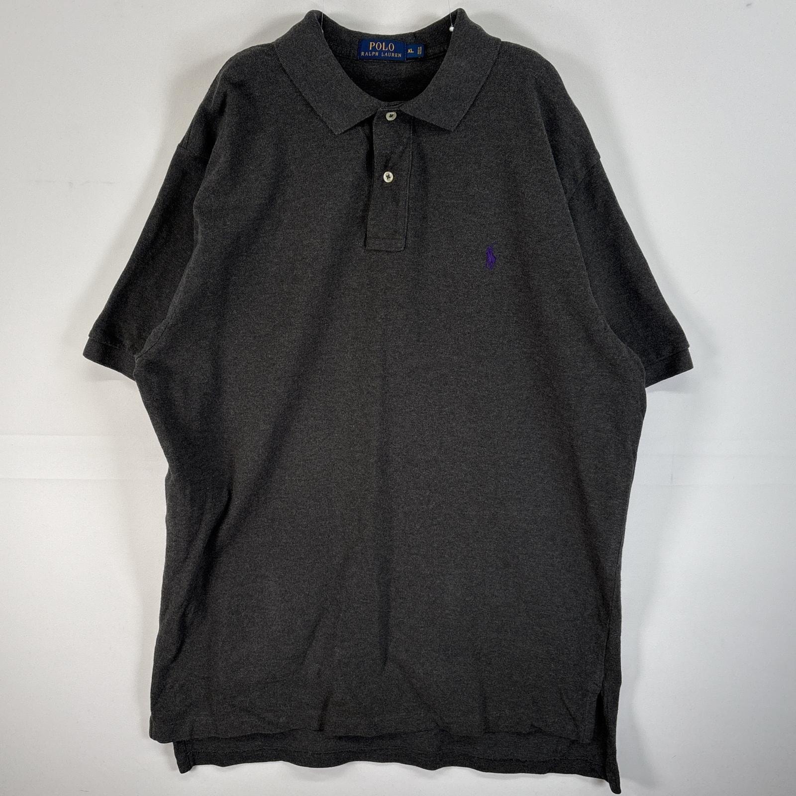 古着 ポロ・ラルフローレン POLO RALPH LAUREN 鹿の子 半袖 ポロシャツ ロゴ 刺繍 大きいサイズ 2ボタン XL  ダークグレー 無地 メンズ