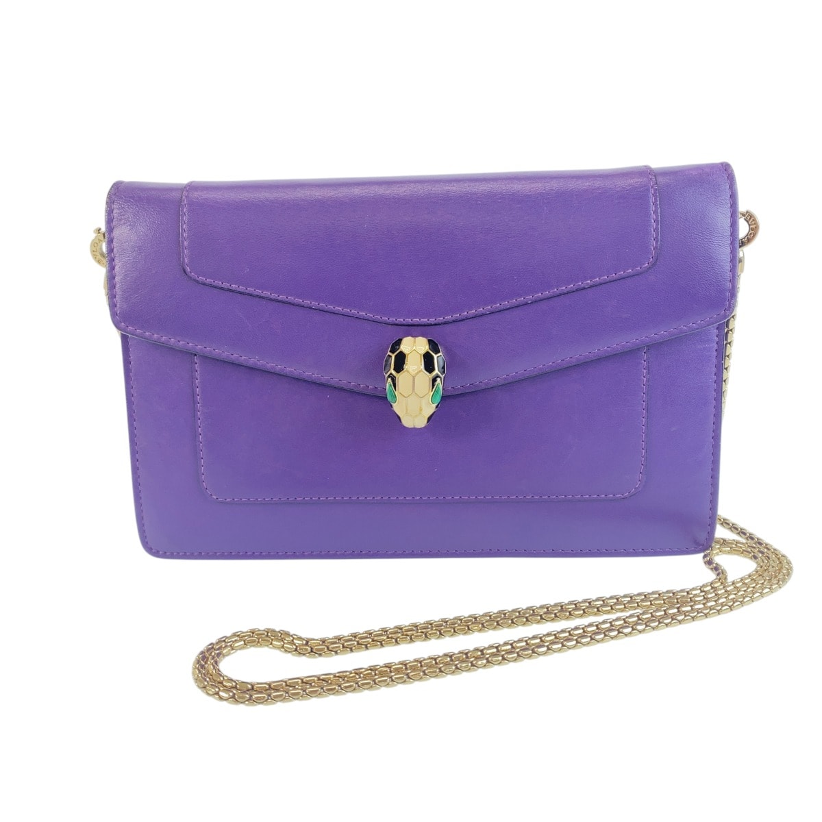 美品 BVLGARI ブルガリ セルペンティ フォーエバー パープル ゴールド レザー ショルダーバッグ チェーンウォレット 1-0295765 【中古】