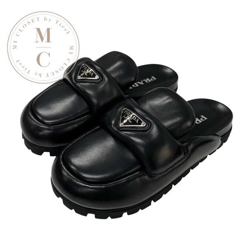 プラダ PRADA サンダル 靴 シューズ レザー ブラック 黒 トライアングルロゴ パデッドナッパ サボ ミュール