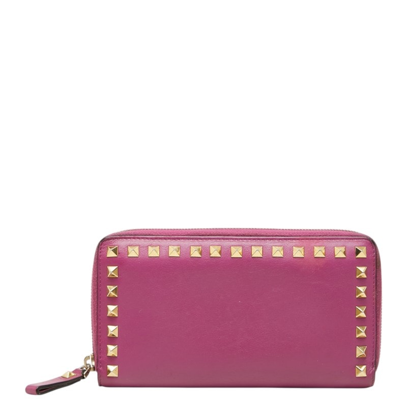 ヴァレンティノ ロックスタッズ ラウンドファスナー 長財布 ピンク系 レザー レディース VALENTINO 中古