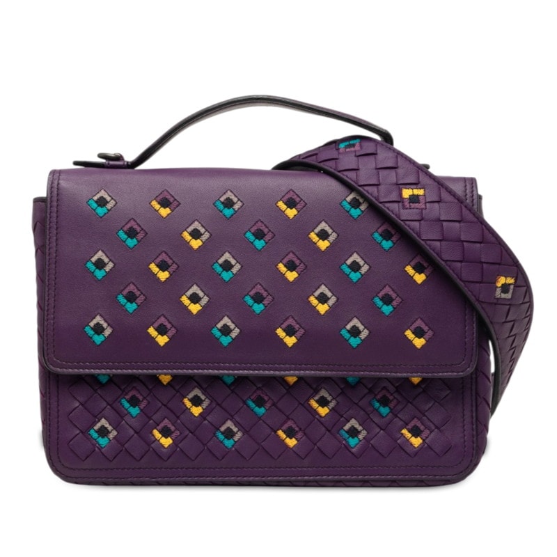 ボッテガヴェネタ イントレチャート 刺繍 ハンドバッグ ショルダーバッグ 2WAY パープル レザー レディース BOTTEGAVENETA 中古