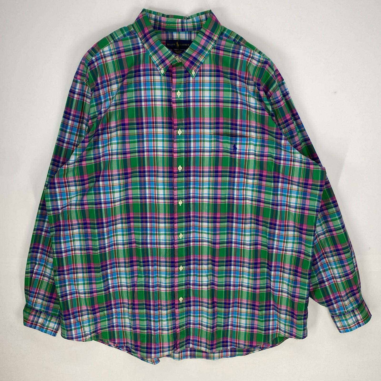 古着 ラルフローレン RALPH LAUREN 長袖シャツ ボタンダウン 刺繍ロゴ ワンポイント 3XL  グリーン系 チェック メンズ