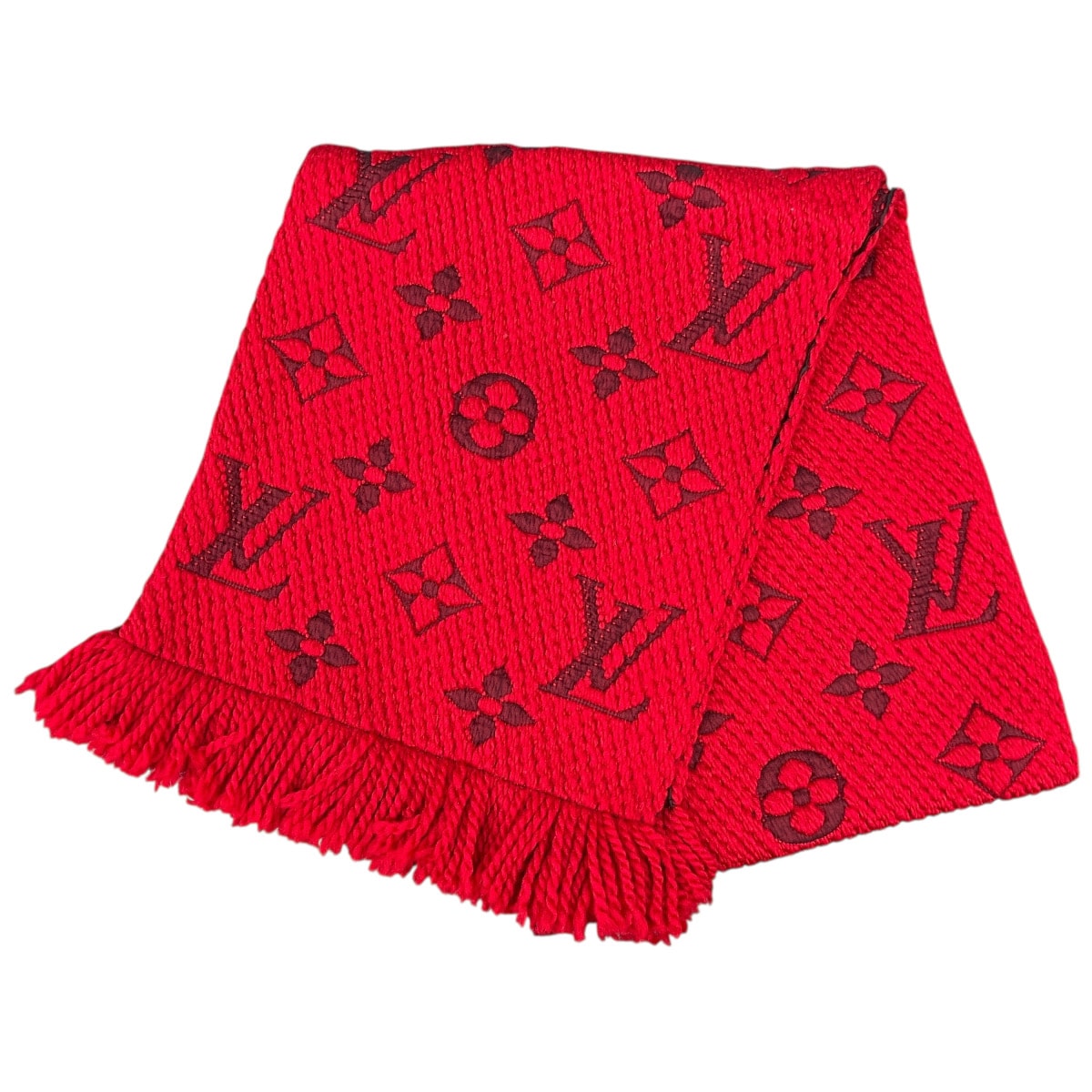 LOUIS VUITTON 極美品 ルイヴィトン エシャルプ ロゴマニア マフラー M72432 ウール シルク GM1128 レッド 大判 ストール 箱付き プレゼント ギフト モノグラム LV ヴィトン Aランク 中古 鑑定済 ヴィトンマフラー