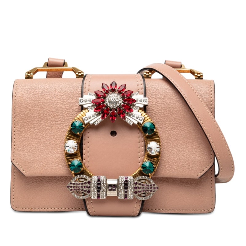 ミュウミュウ マドラス ビジュー付き 斜め掛け ショルダーバッグ ライトピンク レザー ラインストーン レディース MIUMIU 【中古】