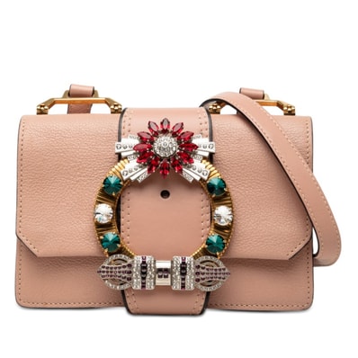 ミュウミュウ マドラス ビジュー付き 斜め掛け ショルダーバッグ ライトピンク レザー ラインストーン レディース MIUMIU 【中古】