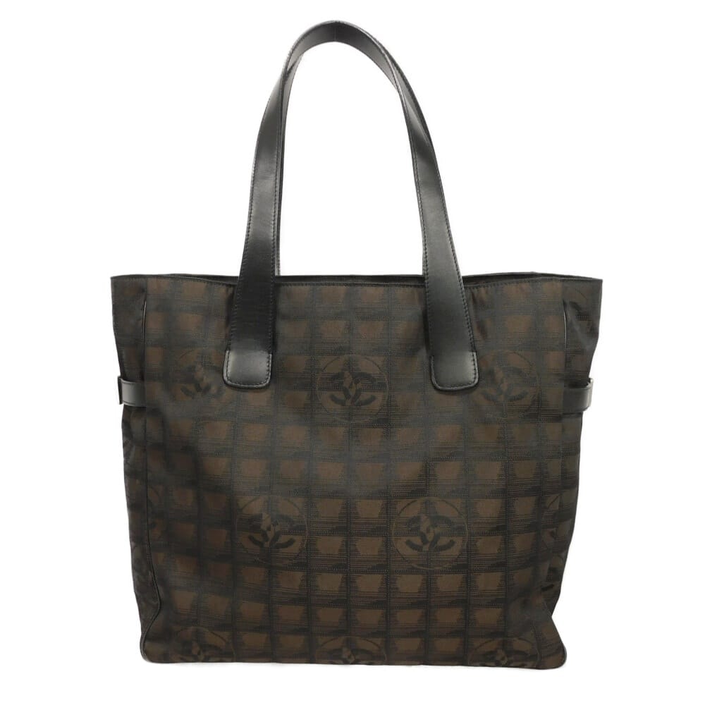 CHANEL シャネル ニュートラベルライン トート GM CCマーク ナイロン ジャガード カーフ ブラック サイドベルト ショルダーバッグ 9番台 ココマーク ブラウン トートバッグ A15825