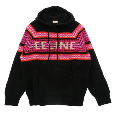 CELINE セリーヌ 22AW 2AC23579S Ski Jacquard Hooded Wool Knit Hoodie スキー ジャガード フーデッド ウール ニット ロゴ フーディー パーカー ブラック系 S【新古品】【未使用】【中古】