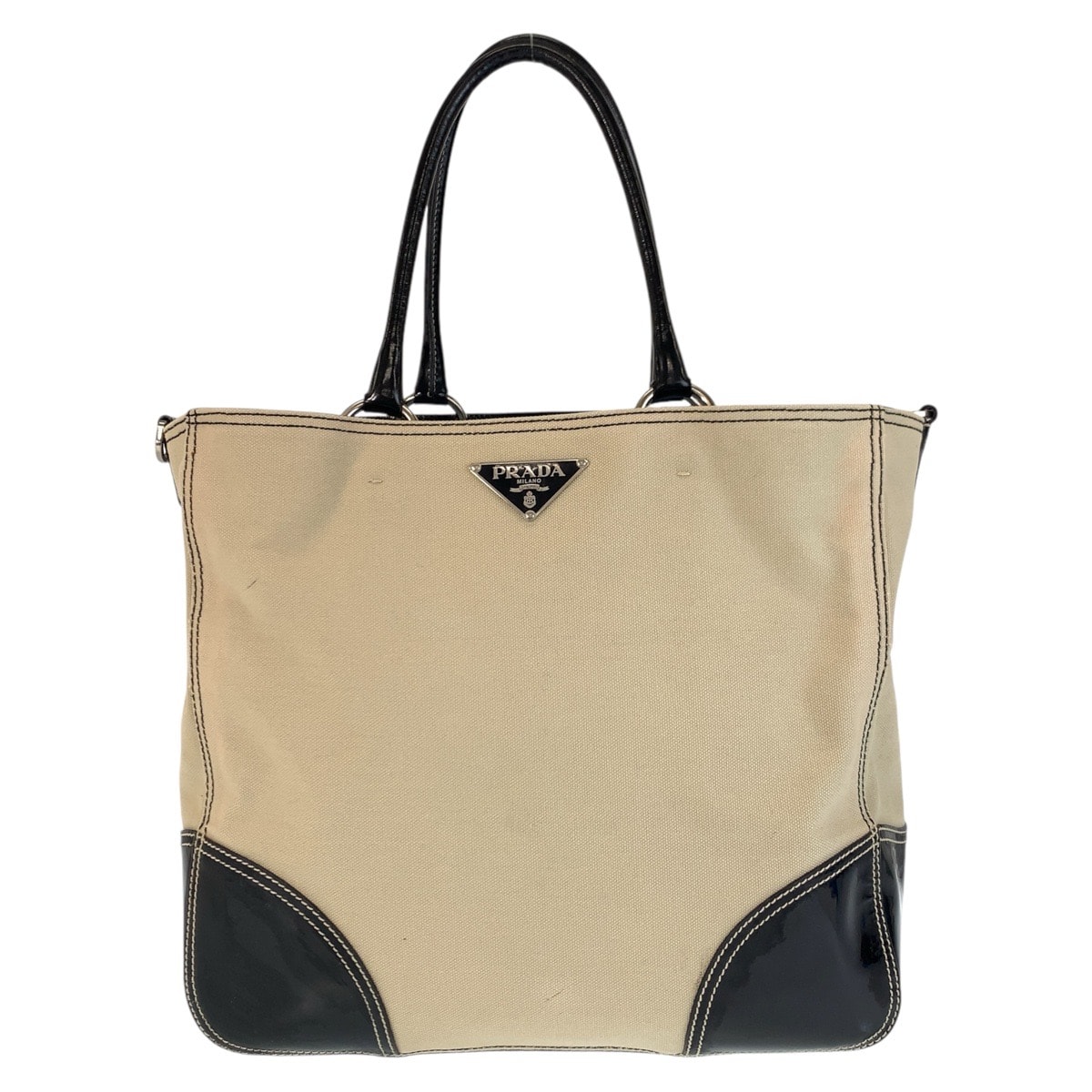 PRADA プラダ 三角ロゴプレート ベージュ ブラック 黒 シルバー金具 キャンバス エナメル/ トートバッグ ショルダーバッグ 602355 【中古】
