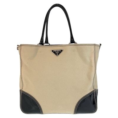 PRADA プラダ 三角ロゴプレート ベージュ ブラック 黒 シルバー金具 キャンバス エナメル/ トートバッグ ショルダーバッグ 602355 【中古】