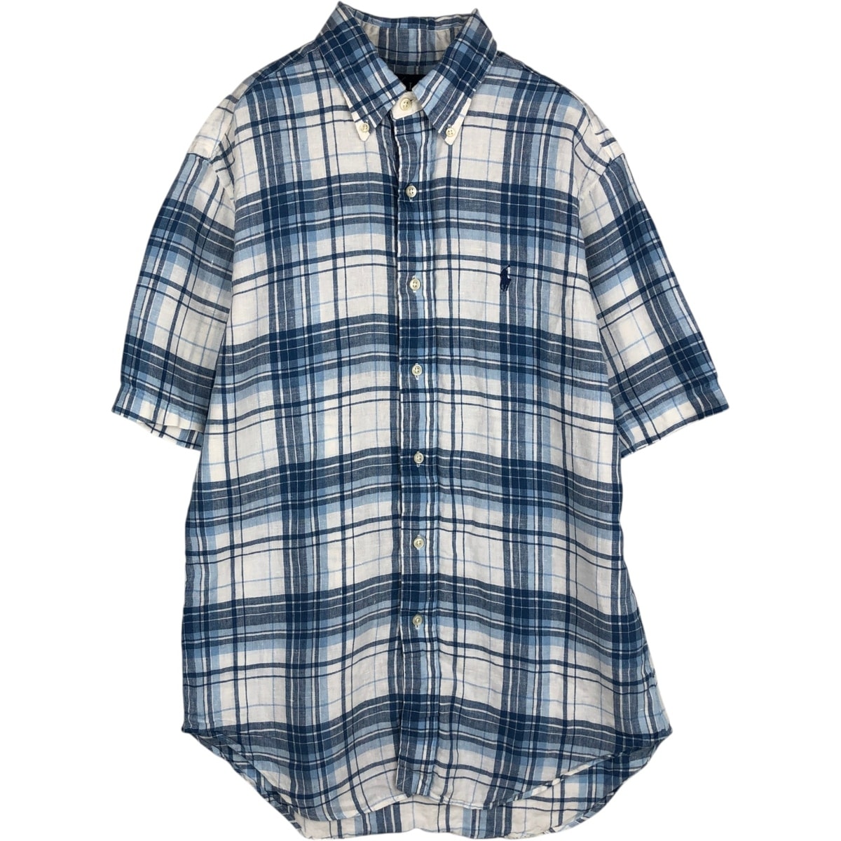 古着 ラルフローレン Ralph Lauren CLASSIC FIT クラシックフィット チェック柄 半袖 リネン ボタンダウンシャツ メンズS相当/eaa635695
